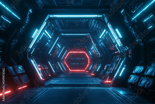 Obraz na płótnie A bold, digital-inspired 3D background featuring thick, metallic hexagons connected by illuminated lines. The dark, futuristic aesthetic combined with glowing accents makes it perfect for sci-fi, w salonie