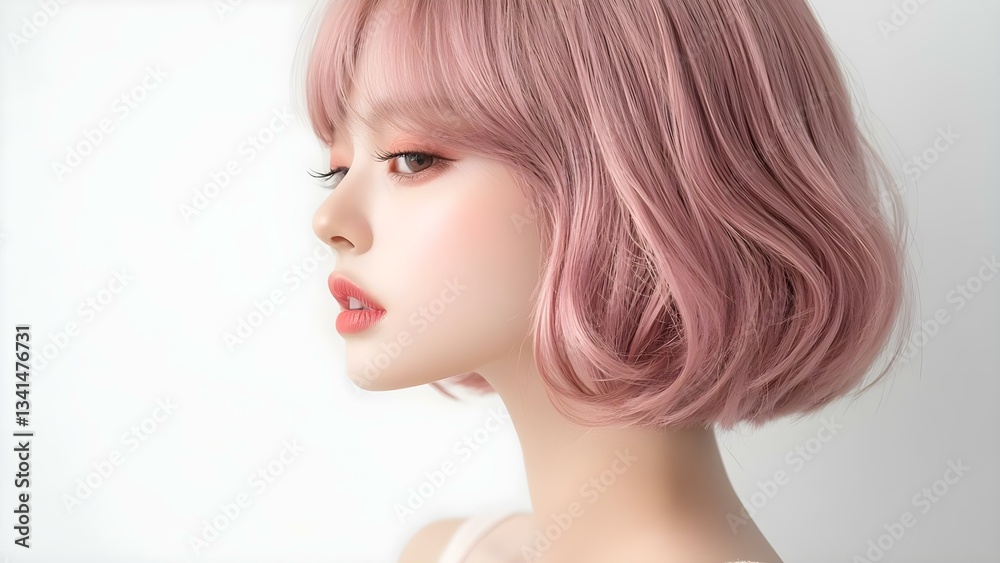 Obraz premium A profile view of a person with short, wavy pink hair and soft makeup, showcasing a gentle and stylish appearance. Concept Profile View Portrait, Short Wavy Pink Hair, Soft Natural Makeup