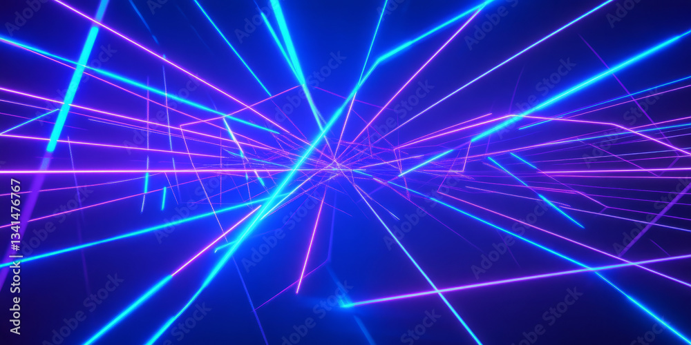 A cyber-inspired 3D background with an intricate web of neon blue laser beams forming an abstract digital grid. The glowing light interactions and dynamic perspective create a futuristic, sci-fi