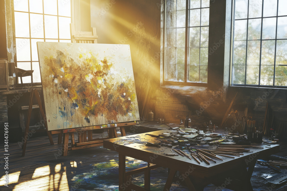 A cozy, sunlit artist’s loft 3D background room with oversized windows, a giant canvas covered in expressive paint strokes, and scattered brushes on a rustic wooden table. The warm golden light