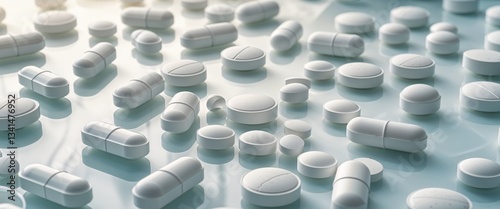 Various white pills and tablets on transparency background