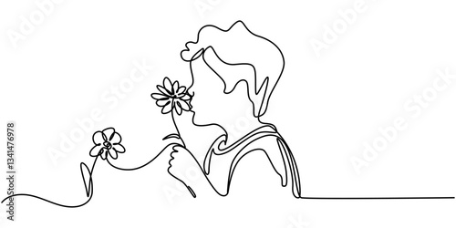 Child smelling flower in continuous line art drawing style, Child smelling flower in continuous line art drawing style. Small girl squatted down to sniff the fragrant flower. Black linear sketch.