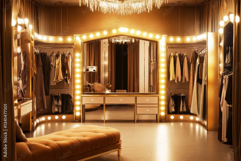 A luxurious Hollywood dressing room 3D background with massive mirrors surrounded by bright vanity lights, racks of glamorous outfits, and an elegant chaise lounge. The golden hues and refined design