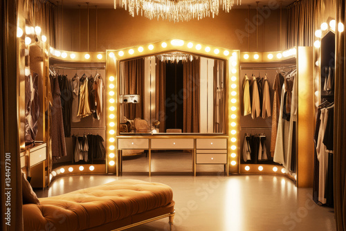 Obraz na płótnie A luxurious Hollywood dressing room 3D background with massive mirrors surrounded by bright vanity lights, racks of glamorous outfits, and an elegant chaise lounge. The golden hues and refined design w salonie