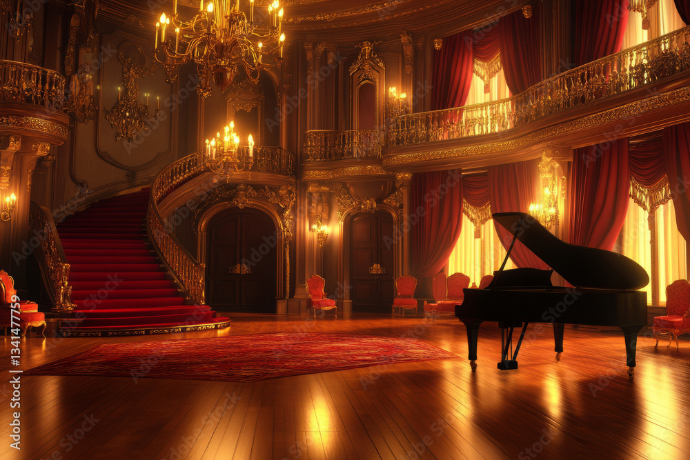 A grand Victorian ballroom 3D background room with polished wooden floors reflecting the glow of golden chandeliers, walls adorned with elegant red velvet drapes, a grand piano in the corner playing