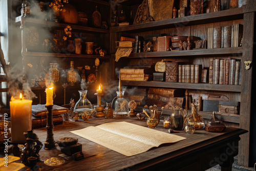Obraz na płótnie A medieval alchemist’s workshop 3D background room with ancient parchment scrolls, bubbling potions, and shelves filled with mystical artifacts. A grand wooden desk is cluttered with spell books, w salonie