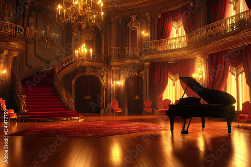 Obraz na płótnie A grand Victorian ballroom 3D background room with polished wooden floors reflecting the glow of golden chandeliers, walls adorned with elegant red velvet drapes, a grand piano in the corner playing w salonie