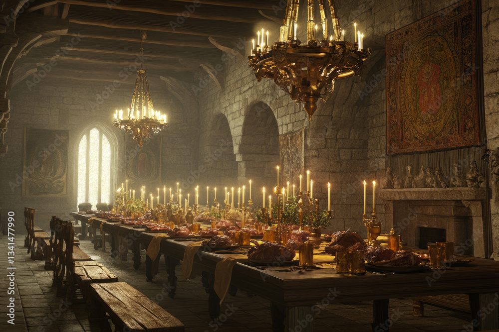 A grand medieval banquet hall 3D background room with massive wooden tables covered in golden goblets, roasted meats, and candles. The towering stone walls are adorned with ancient tapestries, and a