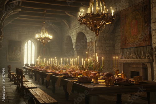 Obraz na płótnie A grand medieval banquet hall 3D background room with massive wooden tables covered in golden goblets, roasted meats, and candles. The towering stone walls are adorned with ancient tapestries, and a w salonie