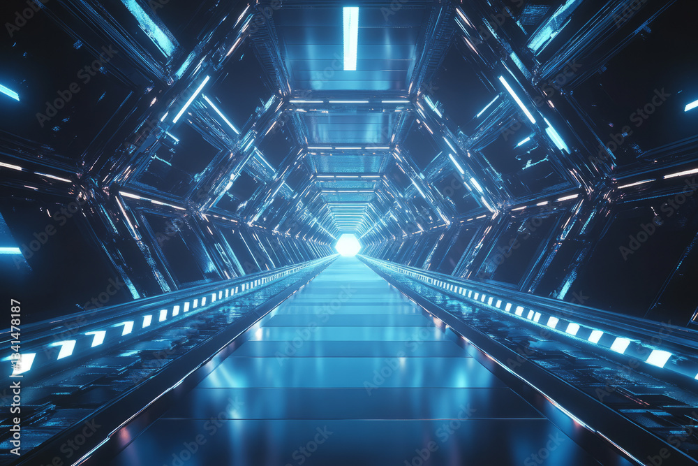 A dynamic floating hexagonal bridge stretching into an endless futuristic void. The glowing edges and transparent surfaces create a cybernetic dreamscape, perfect for abstract technology and sci-fi