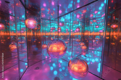 Obraz na płótnie A surreal mirrored infinity room 3D background where every surface reflects infinitely in all directions, neon geometric patterns glowing on the glass walls, and floating luminous spheres creating a w salonie
