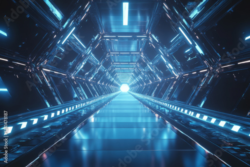 A dynamic floating hexagonal bridge stretching into an endless futuristic void. The glowing edges and transparent surfaces create a cybernetic dreamscape, perfect for abstract technology and sci-fi