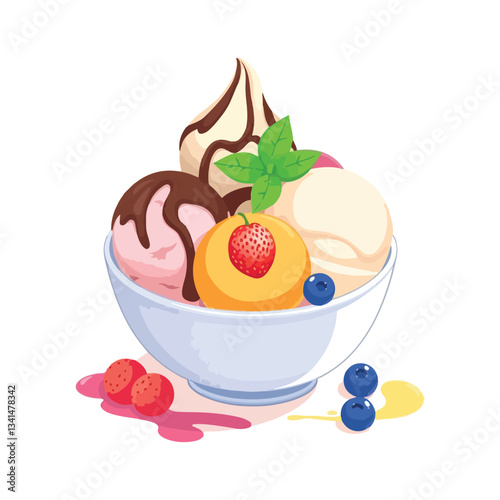 Ice-cream scoops in bowl set. Balls of chocolate, vanilla, strawberry, mint, orange, pistachios and blueberry ice cream. Set of vector cartoon flat illustrations. Fruity ice-cream for kids on white 