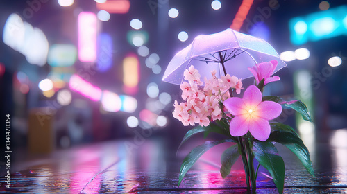 Cyberpunk City Night: Pink and Purple Flowers Under a Neon-Lit Umbrella