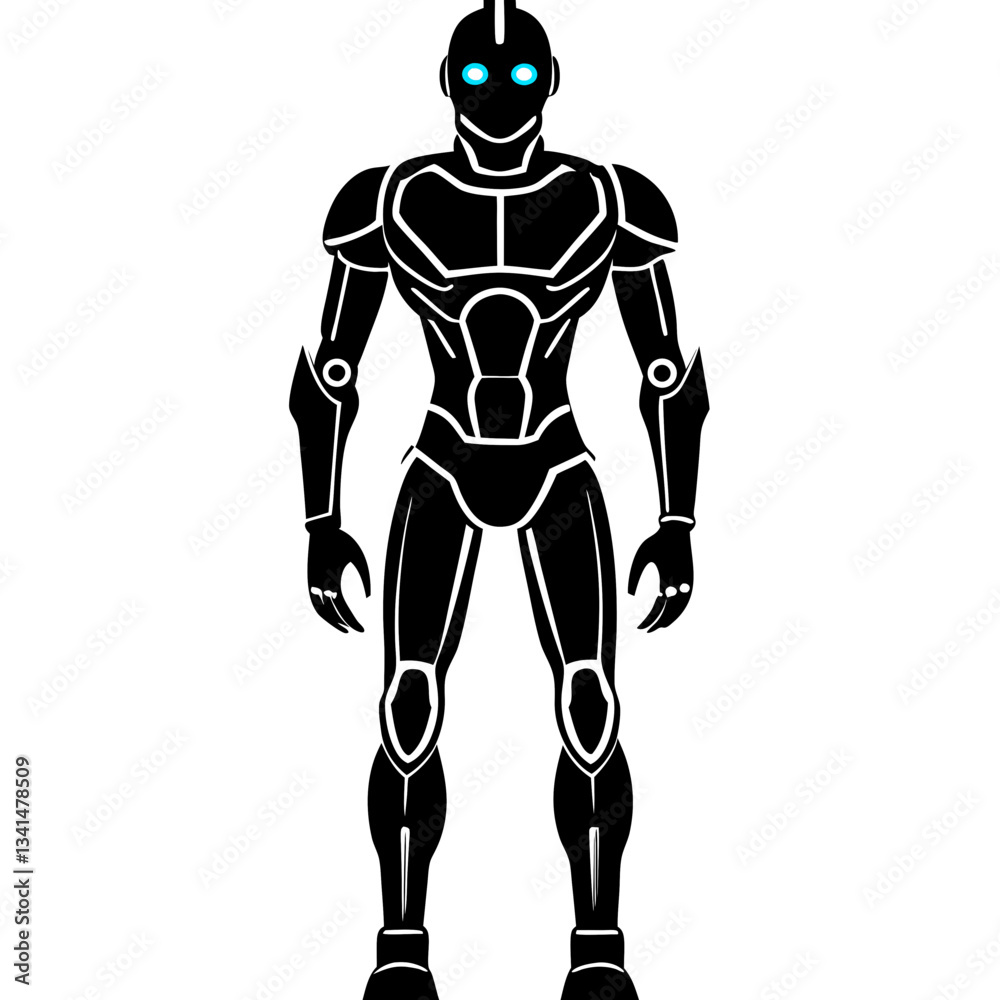 Silhouette of a futuristic humanoid robot, standing tall and powerful, symbolizing AI and innovation Silhouette of a futuristic humanoid robot, standing tall and powerful, symbolizing AI and innovation