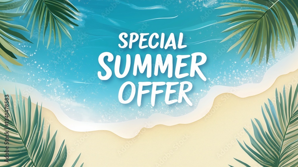 Obraz premium Tropical Summer Sale Promotion on a Beach Background with Palm Leaves, Ideal for Travel Agencies, Summer Discounts, Vacation Deals, and Social Media Advertisements in a Vibrant Blue and Sandy Color Pa