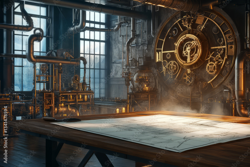 A grand steampunk inventor’s workshop 3D background room with brass gears turning on the walls, large mechanical blueprints spread across a wooden table, and intricate clockwork devices emitting a