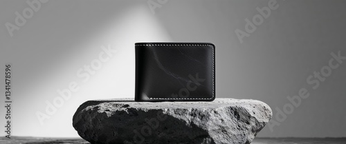 Black leather wallet with contrast stitching on textured stone surface.