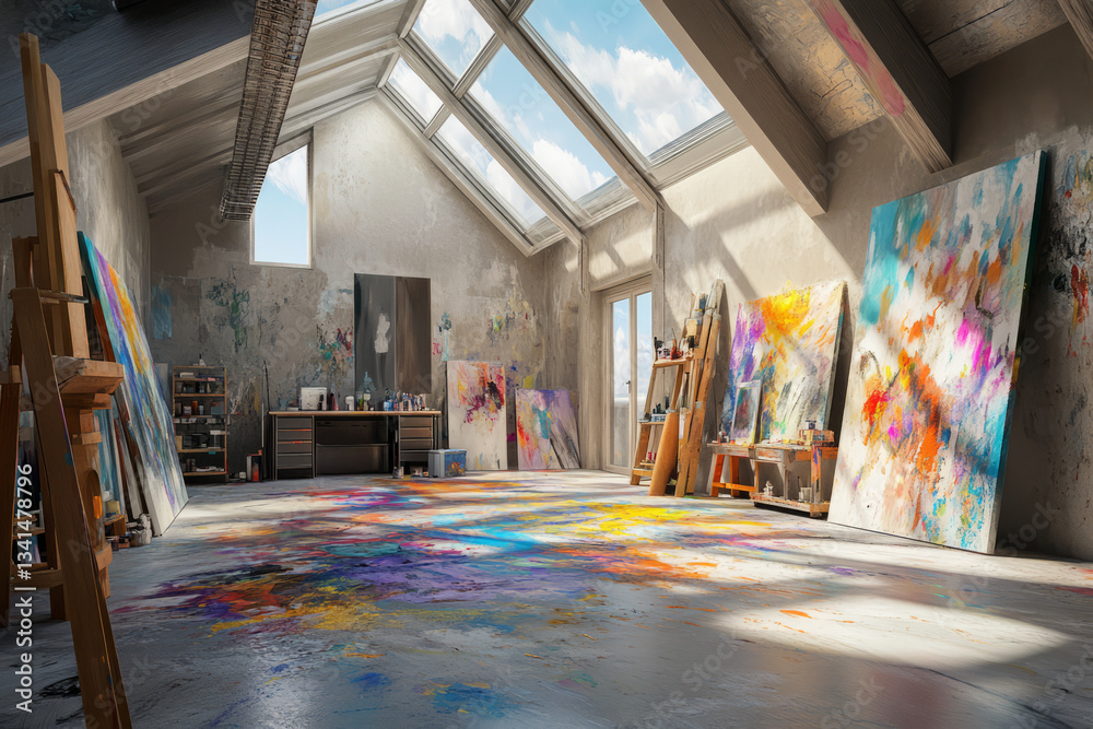 A cozy artist’s retreat 3D background room with large skylights, colorful paint splashes on the floor, and unfinished canvases leaning against the walls. The creative chaos gives the space an