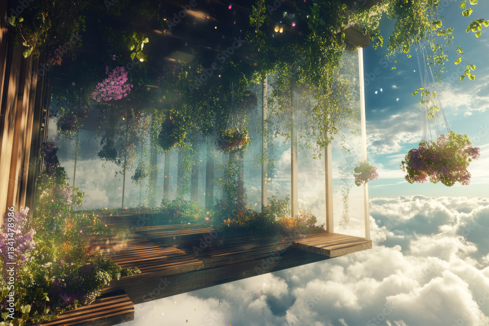 A floating sky garden 3D background room with hanging vines, massive transparent windows revealing clouds below, and wooden platforms connected by glowing bridges. The soft, ethereal lighting enhances