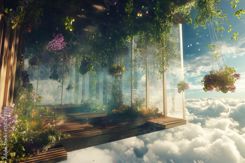 Obraz na płótnie A floating sky garden 3D background room with hanging vines, massive transparent windows revealing clouds below, and wooden platforms connected by glowing bridges. The soft, ethereal lighting enhances w salonie