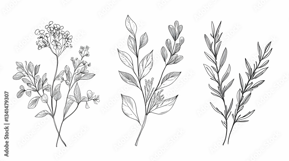 Naklejka premium Three framed minimalist botanical sketches of various leaves and stems in black and white. 