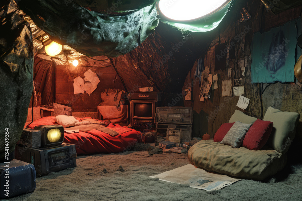 A post-apocalyptic shelter 3D background with makeshift furniture, flickering emergency lights, scavenged supplies stacked against the walls, and an old radio crackling with static messages from the