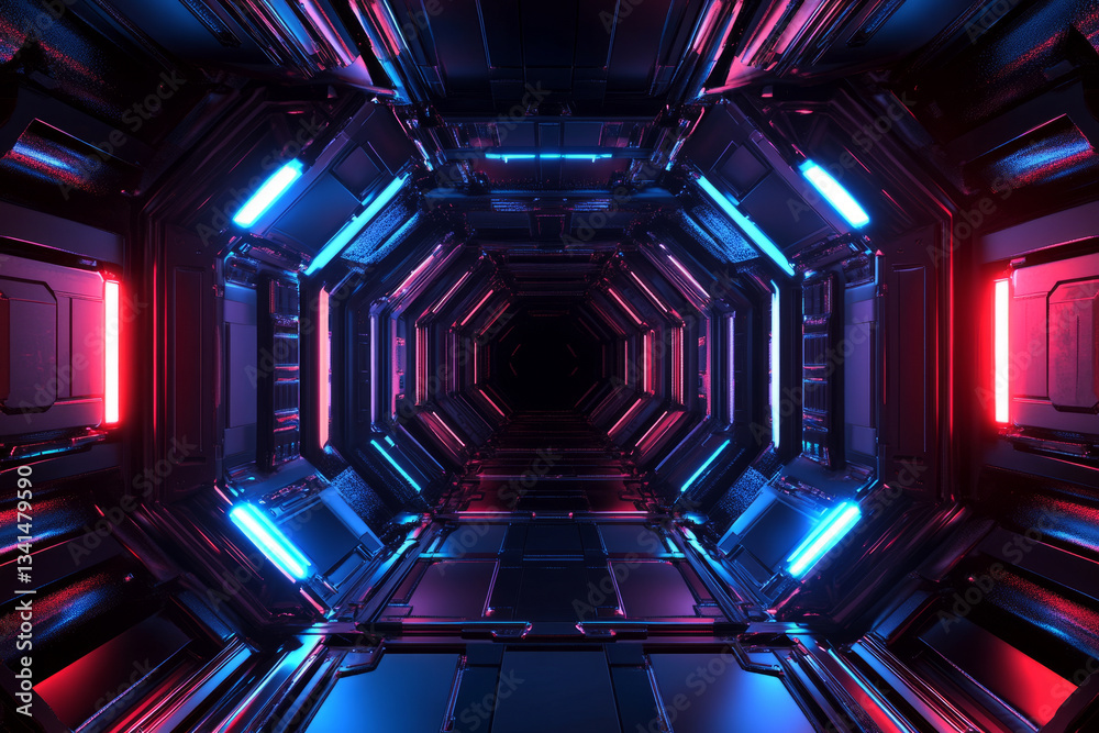 A sci-fi inspired 3D background with hexagonal panels embedded in a dark, glossy surface. The soft red and blue lights reflect subtly off the hexagons, evoking a sleek, futuristic spaceship interior
