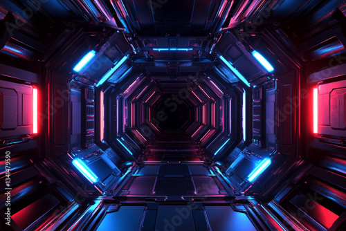 A sci-fi inspired 3D background with hexagonal panels embedded in a dark, glossy surface. The soft red and blue lights reflect subtly off the hexagons, evoking a sleek, futuristic spaceship interior