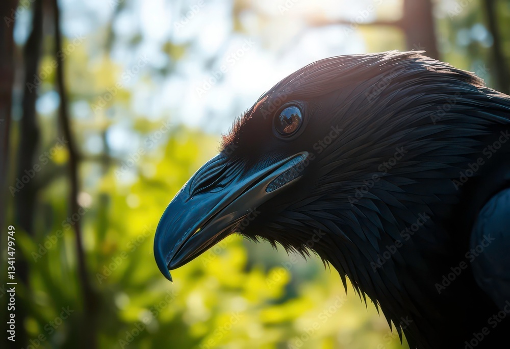 Obraz premium Close-up of raven's head, cawing in sunlit forest clearing, wildlife photography, close-up