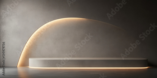 Obraz na płótnie A minimalist 3D background featuring a smooth, curved concrete wall with soft ambient lighting. The elegant simplicity and neutral tones make it perfect for modern branding, presentations, or product w salonie