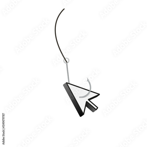 Computer mouse cursor on a hook, representing the idea of being caught in an online scam or phishing.