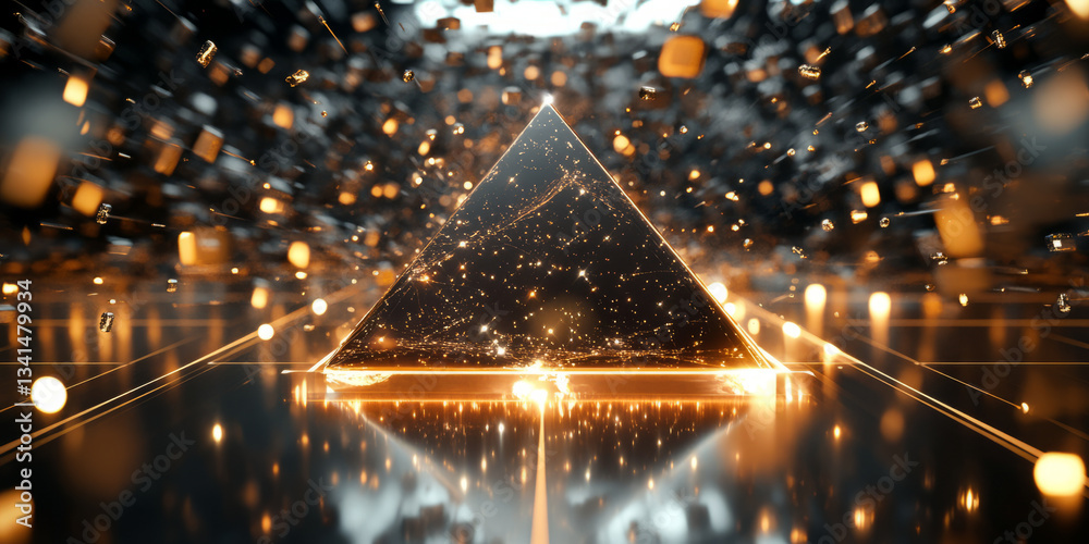 A futuristic 3D background depicting a levitating metallic pyramid surrounded by hovering light particles. The dramatic lighting and reflective surfaces enhance the high-tech, sci-fi aesthetic.