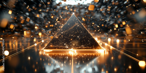 Obraz na płótnie A futuristic 3D background depicting a levitating metallic pyramid surrounded by hovering light particles. The dramatic lighting and reflective surfaces enhance the high-tech, sci-fi aesthetic. w salonie