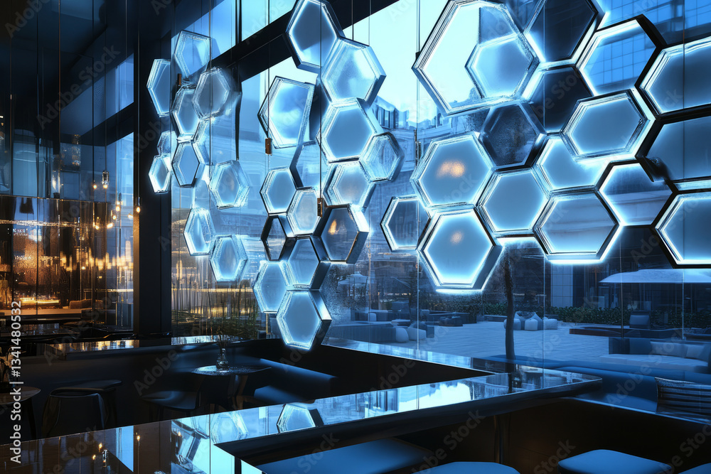 A glass-like 3D background with hexagonal panels suspended in mid-air. The transparent and reflective properties of the hexagons create an elegant, futuristic aesthetic with a sense of infinite depth,