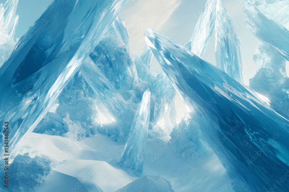 A crystalline hexagonal 3D background where frozen ice-like structures refract cold blue and white light. The sharp geometric ice formations create a futuristic arctic aesthetic, perfect for sci-fi