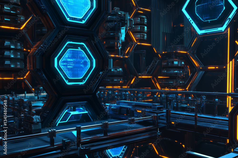 A sci-fi defense facility where hexagonal energy shields protect against incoming laser blasts. The advanced security turrets, glowing warning indicators, and cybernetic battle drones create a highly