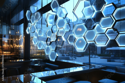 Obraz na płótnie A glass-like 3D background with hexagonal panels suspended in mid-air. The transparent and reflective properties of the hexagons create an elegant, futuristic aesthetic with a sense of infinite depth, w salonie