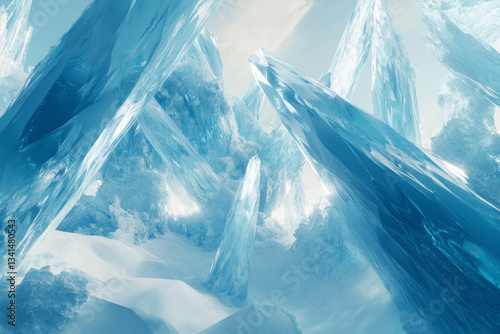 A crystalline hexagonal 3D background where frozen ice-like structures refract cold blue and white light. The sharp geometric ice formations create a futuristic arctic aesthetic, perfect for sci-fi
