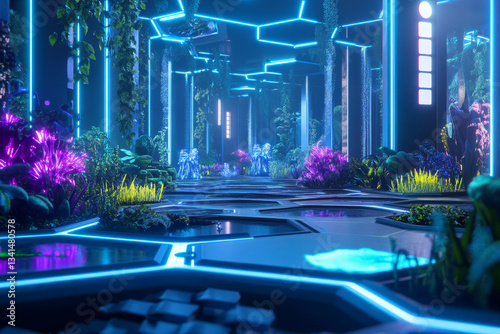 Obraz na płótnie A high-tech virtual zoo where rare digital creatures roam inside glowing hexagonal enclosures. The AI-driven ecosystem adapts dynamically, ensuring the perfect conditions for the holographic wildlife w salonie