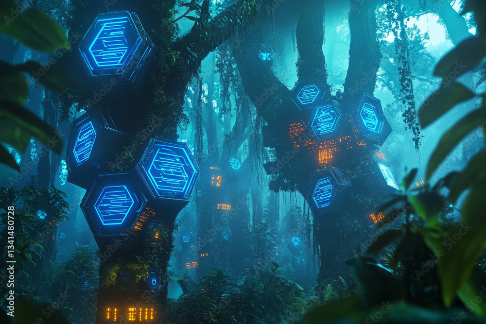 A cybernetic jungle where hexagonal tree trunks glow with embedded neon circuitry. The fusion of technology and organic elements creates a futuristic rainforest concept, blending artificial