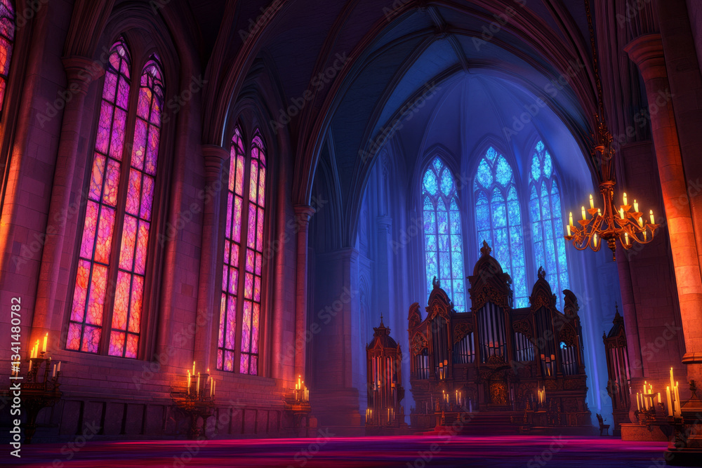 A grand gothic cathedral 3D background room with towering stained-glass windows casting ethereal colored light, massive stone arches stretching into the heavens, flickering candlelit chandeliers, and