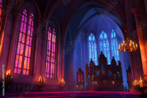 Obraz na płótnie A grand gothic cathedral 3D background room with towering stained-glass windows casting ethereal colored light, massive stone arches stretching into the heavens, flickering candlelit chandeliers, and w salonie