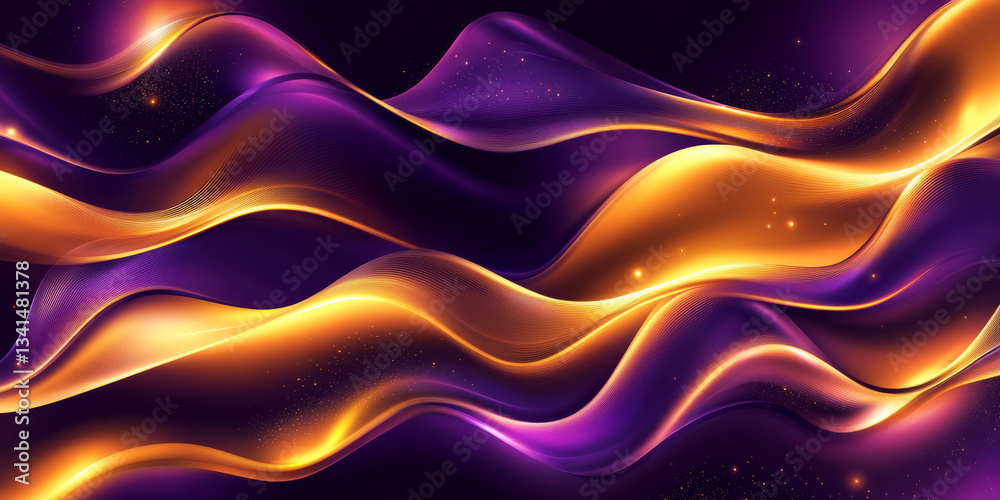 A mesmerizing 3D background with undulating waves of metallic liquid, reflecting warm golden and deep purple lights. The fluid motion effect creates a sense of elegance and modern sophistication,