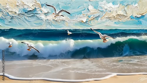 Ocean's Embrace: Seagulls Dancing Over Breaking Waves