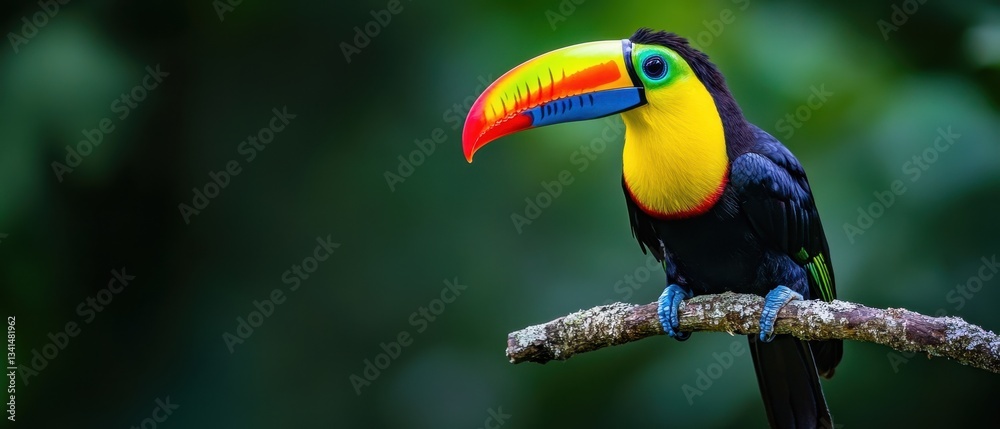 Obraz premium Vibrant toucan perched on a branch in a lush green forest, showcasing colorful feathers and striking beak against a blurred background of nature's beauty