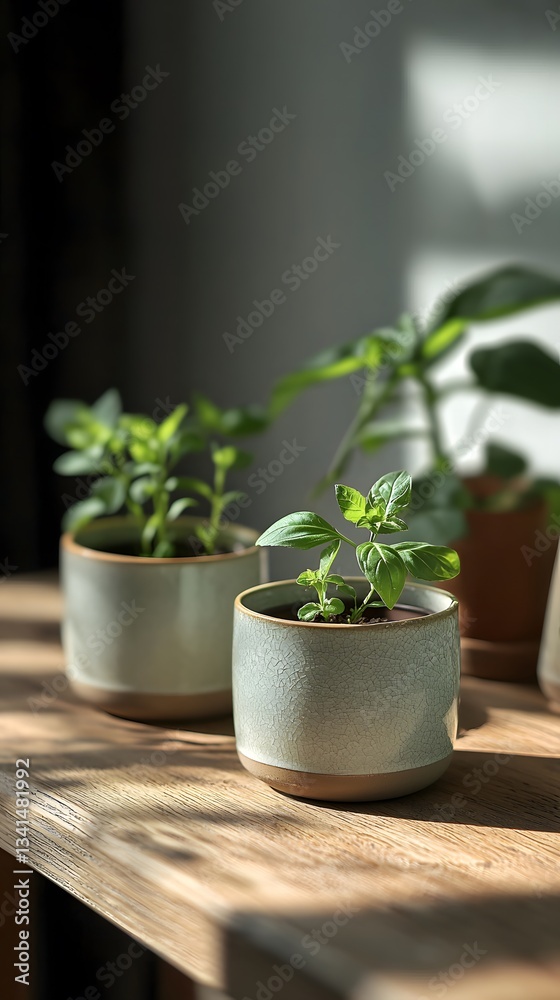 Fototapeta premium A tranquil scene of homegrown basil, mint, and rosemary plants thriving in stylish ceramic pots on a rustic wooden shelf bathed in soft sunlight creating a cozy indoor herb garden.