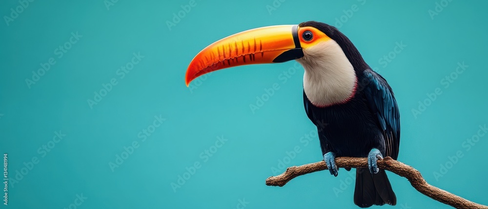 Obraz premium Vibrant Tropical Toucan Sitting on Branch Against a Bright Blue Background Captivating Wildlife Imagery for Nature and Bird Lovers