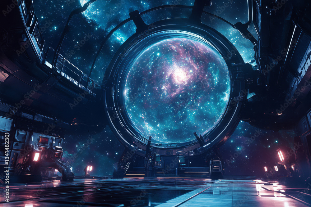 A cosmic observatory floating in deep space 3D background room with holographic star charts spinning mid-air, powerful telescopes locked onto distant galaxies, AI-driven assistants analyzing celestial