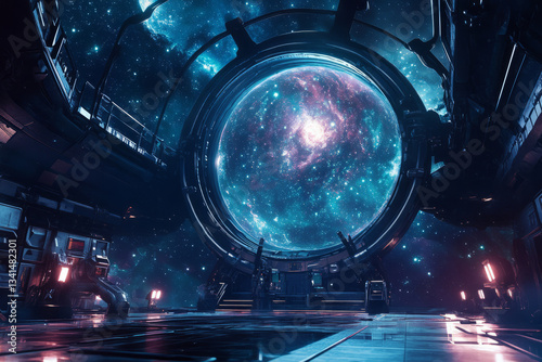 Obraz na płótnie A cosmic observatory floating in deep space 3D background room with holographic star charts spinning mid-air, powerful telescopes locked onto distant galaxies, AI-driven assistants analyzing celestial w salonie